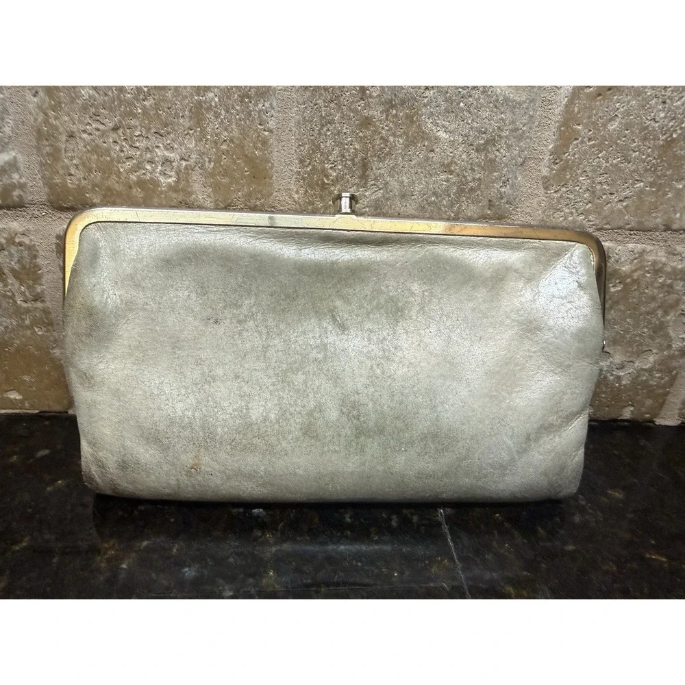 Hobo International‎ Double Kisslock Wallet Silver Gray Glazed Leather Clutch